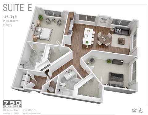 Floor plan for 2 beds, 2 baths, 1071 sqft